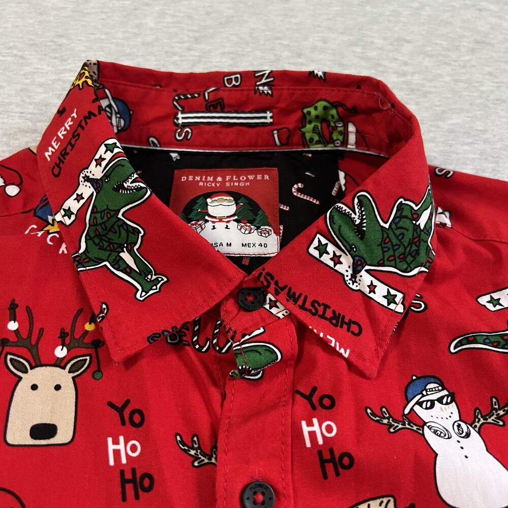 Denim & Flower Ricky Singh Shirt Mens Medium Red Christmas Button Short‎ Sleeve - Picture 6 of 12